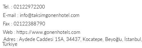 Taksim Gnen Hotel telefon numaralar, faks, e-mail, posta adresi ve iletiim bilgileri